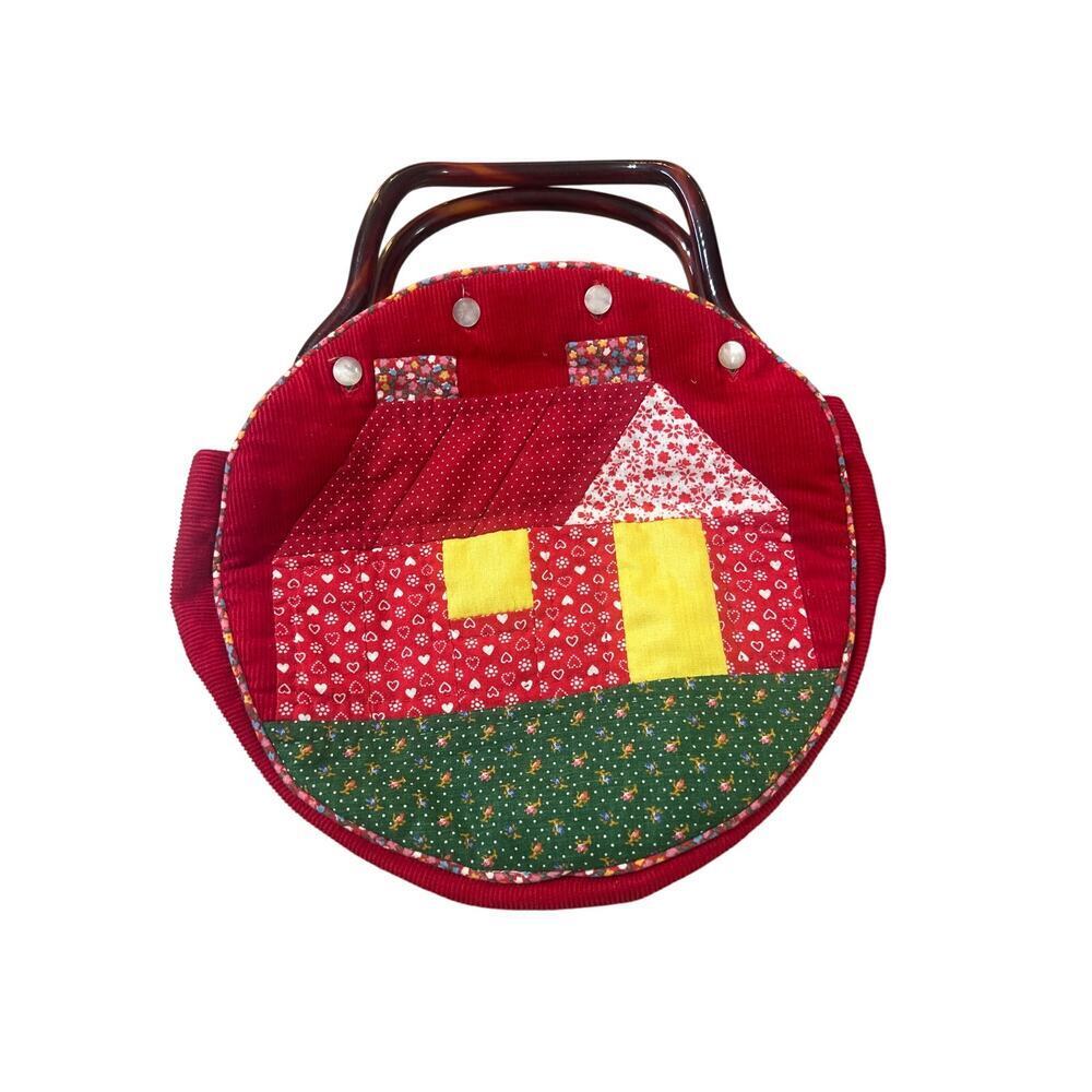 Vintage Hand Made Round Home House Patchwork Hard Resin Handle Purse